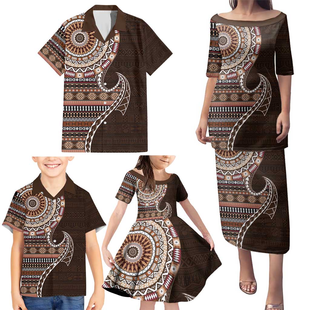 Fijian Masi Tribal Tattoos Art Pattern Family Matching Puletasi and Hawaiian Shirt Brown Color Half Style LT03 - Polynesian Pride