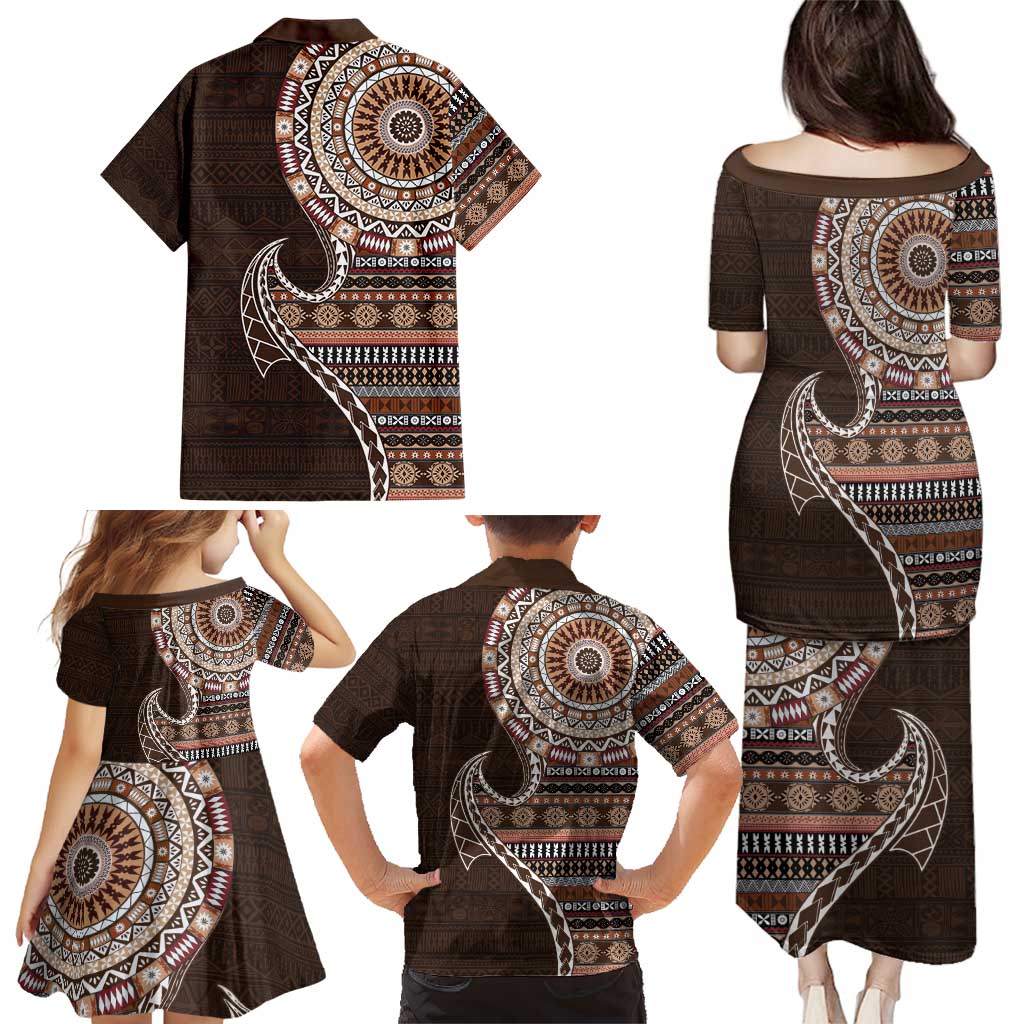 Fijian Masi Tribal Tattoos Art Pattern Family Matching Puletasi and Hawaiian Shirt Brown Color Half Style LT03 - Polynesian Pride