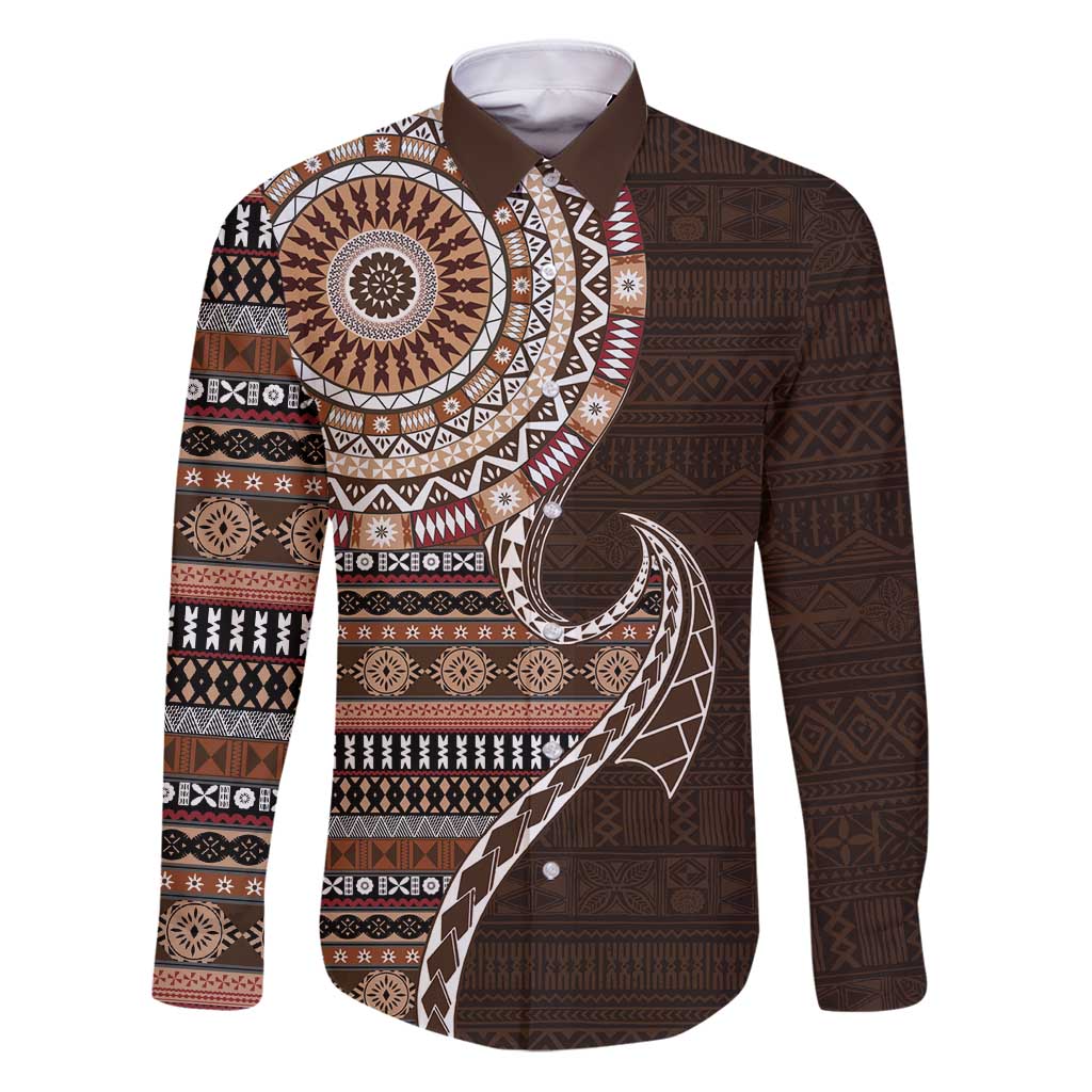Fijian Masi Tribal Tattoos Art Pattern Family Matching Puletasi and Hawaiian Shirt Brown Color Half Style LT03 Dad's Shirt - Long Sleeve Brown - Polynesian Pride