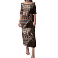 Fijian Masi Tribal Tattoos Art Pattern Family Matching Puletasi and Hawaiian Shirt Brown Color Half Style LT03 Mom's Dress Brown - Polynesian Pride