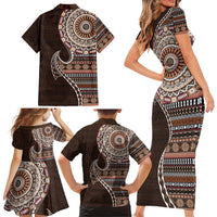 Fijian Masi Tribal Tattoos Art Pattern Family Matching Short Sleeve Bodycon Dress and Hawaiian Shirt Brown Color Half Style LT03 - Polynesian Pride
