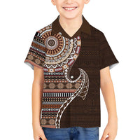 Fijian Masi Tribal Tattoos Art Pattern Family Matching Short Sleeve Bodycon Dress and Hawaiian Shirt Brown Color Half Style LT03 Son's Shirt Brown - Polynesian Pride
