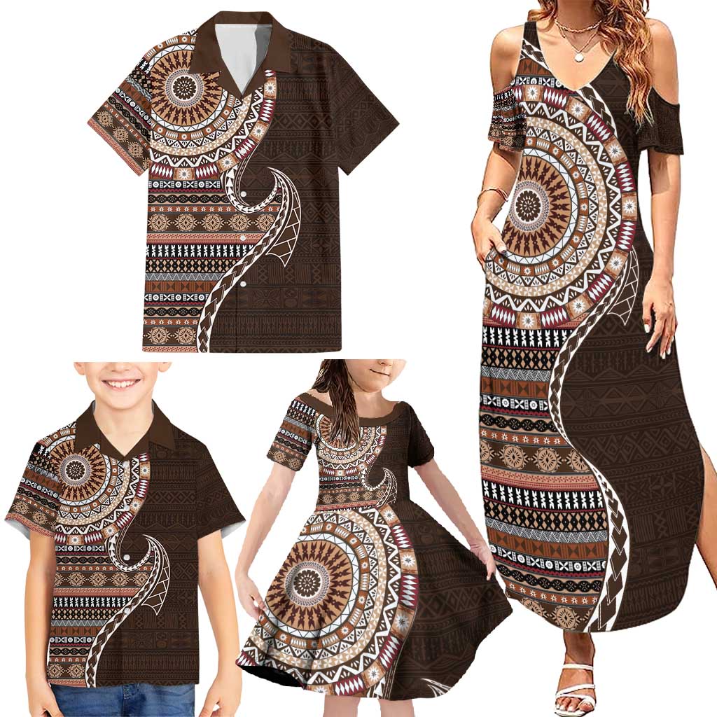 Fijian Masi Tribal Tattoos Art Pattern Family Matching Summer Maxi Dress and Hawaiian Shirt Brown Color Half Style LT03 - Polynesian Pride
