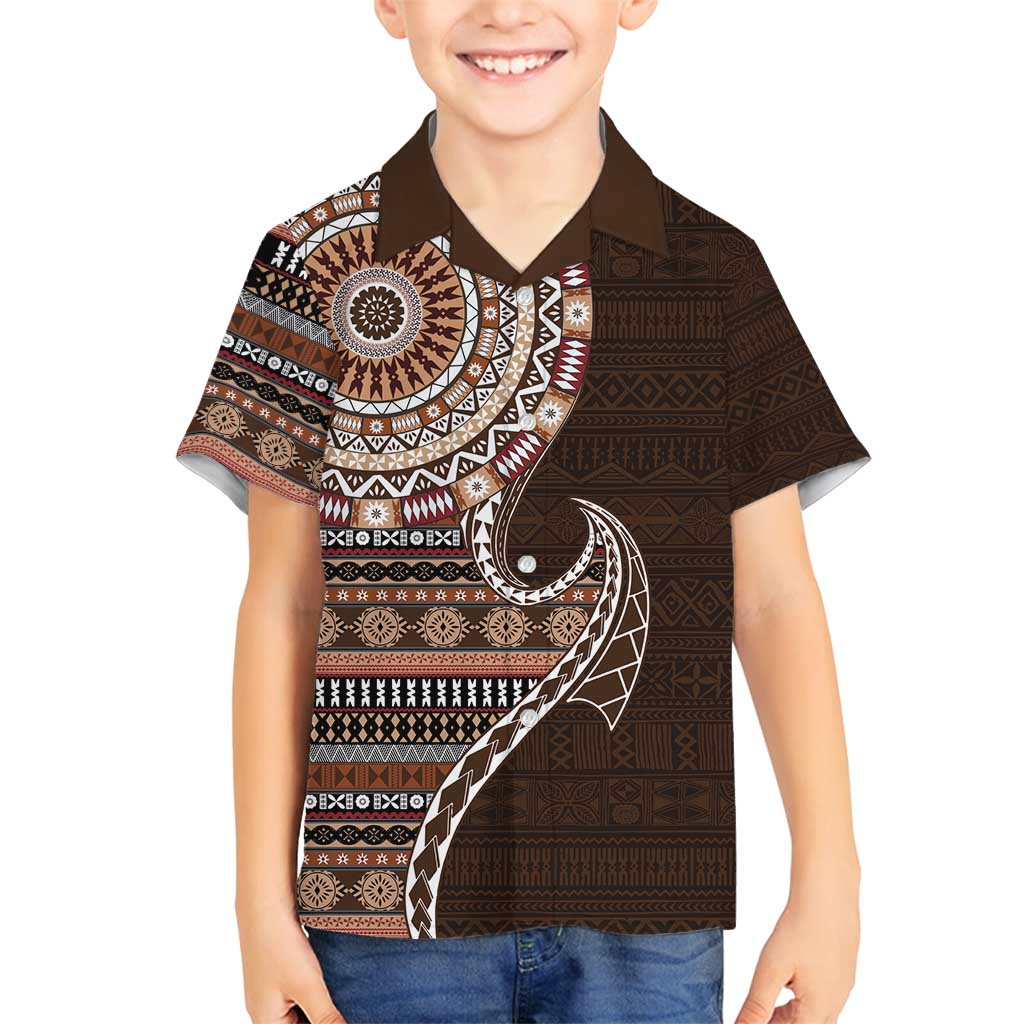 Fijian Masi Tribal Tattoos Art Pattern Family Matching Summer Maxi Dress and Hawaiian Shirt Brown Color Half Style LT03 Son's Shirt Brown - Polynesian Pride