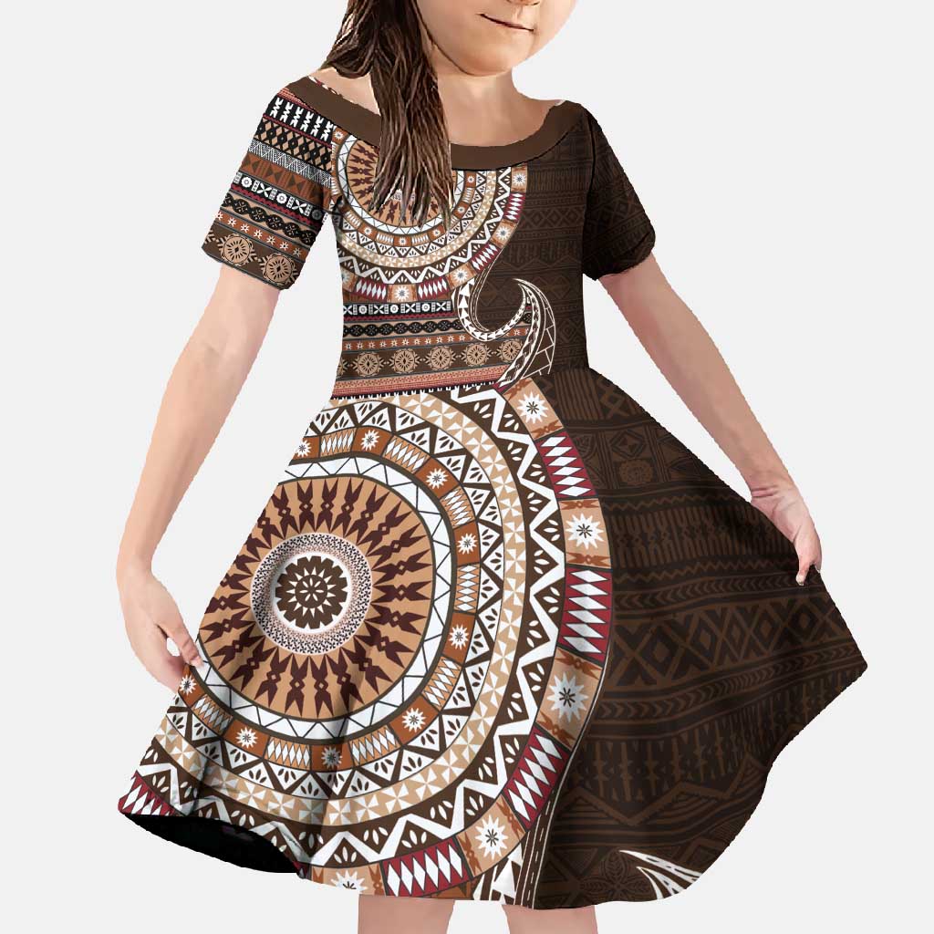Fijian Masi Tribal Tattoos Art Pattern Family Matching Tank Maxi Dress and Hawaiian Shirt Brown Color Half Style LT03 Daughter's Dress Brown - Polynesian Pride