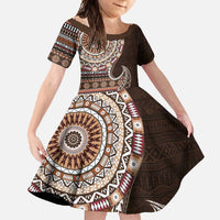 Fijian Masi Tribal Tattoos Art Pattern Family Matching Tank Maxi Dress and Hawaiian Shirt Brown Color Half Style LT03 Daughter's Dress Brown - Polynesian Pride