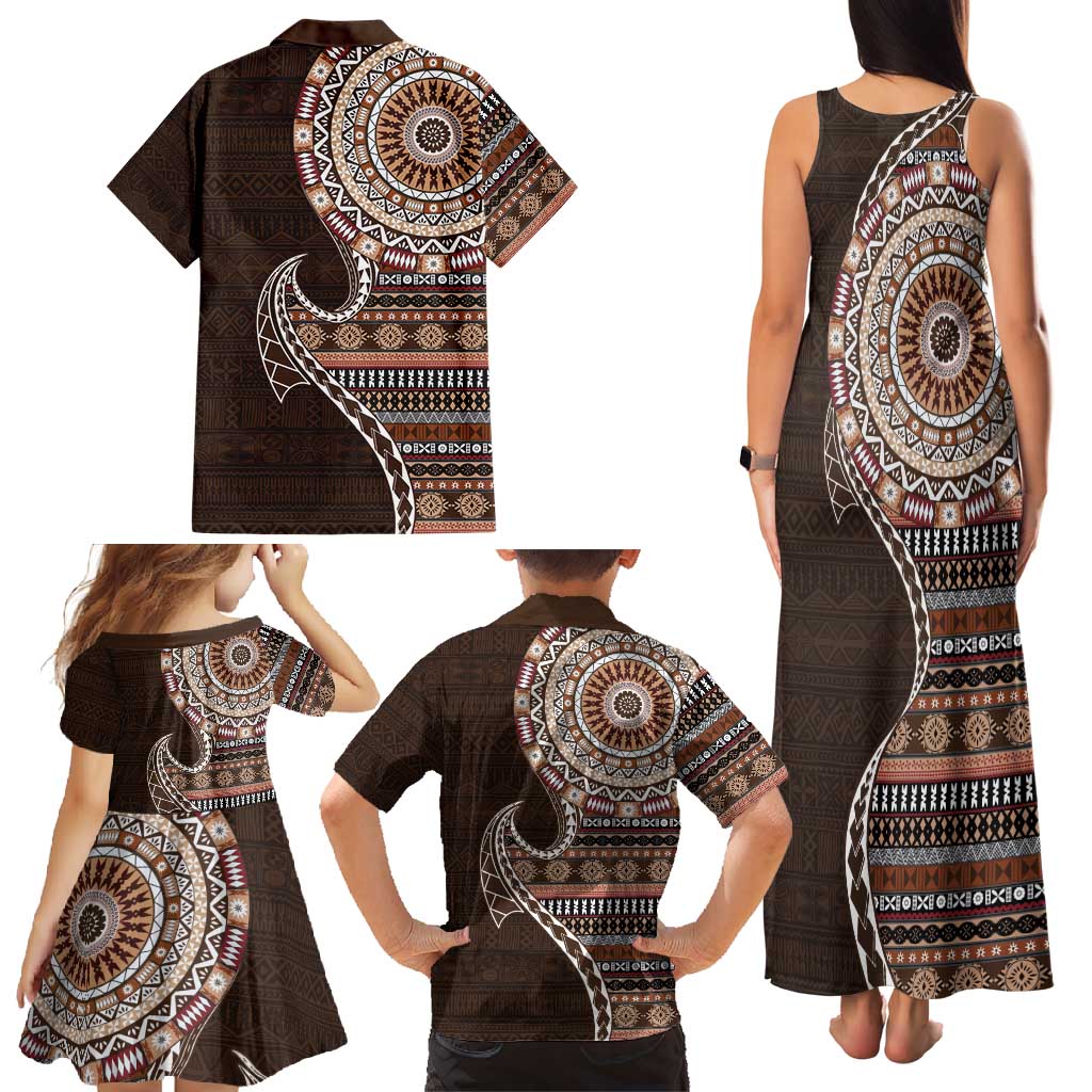 Fijian Masi Tribal Tattoos Art Pattern Family Matching Tank Maxi Dress and Hawaiian Shirt Brown Color Half Style LT03 - Polynesian Pride