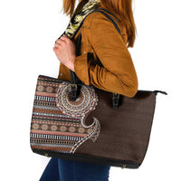 Fijian Masi Tribal Tattoos Art Pattern Leather Tote Bag Brown Color Half Style - Polynesian Pride