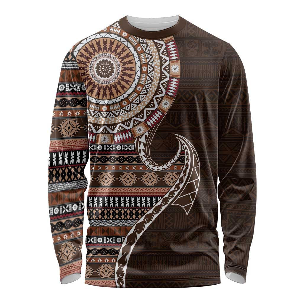 Fijian Masi Tribal Tattoos Art Pattern Long Sleeve Shirt Brown Color Half Style LT03 Unisex Brown - Polynesian Pride