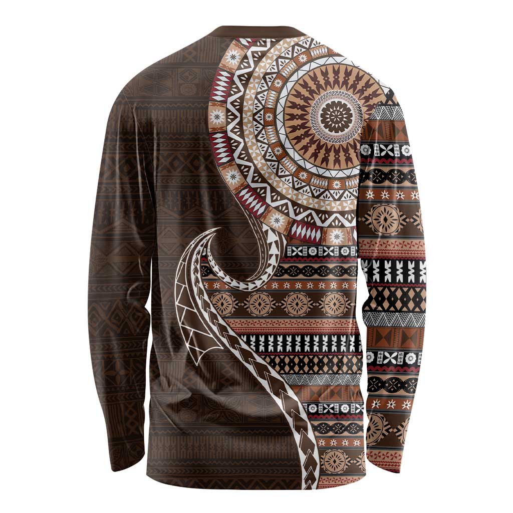 Fijian Masi Tribal Tattoos Art Pattern Long Sleeve Shirt Brown Color Half Style LT03 - Polynesian Pride