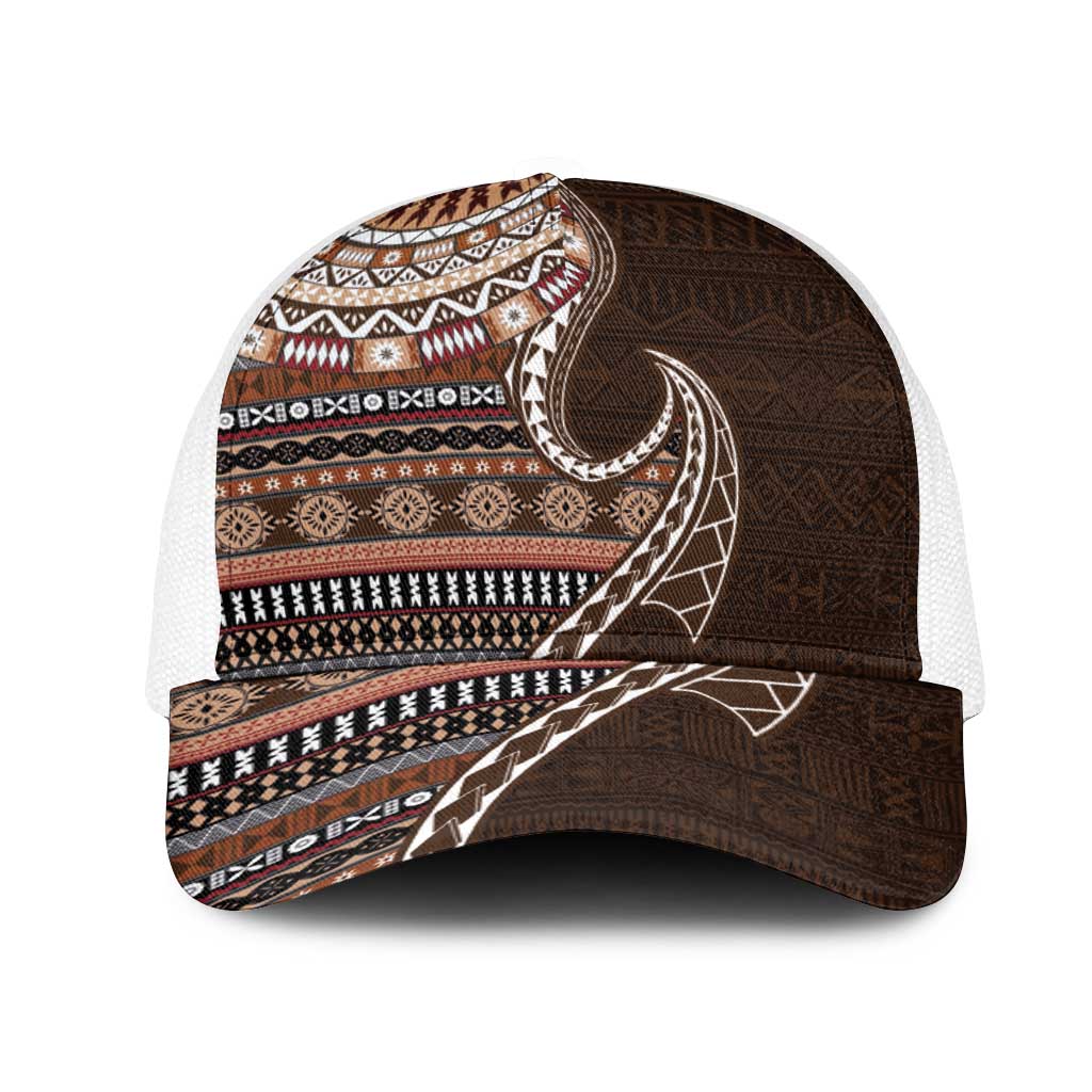 Fijian Masi Tribal Tattoos Art Pattern Mesh Trucker Cap Brown Color Half Style - Polynesian Pride