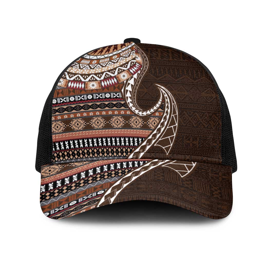 Fijian Masi Tribal Tattoos Art Pattern Mesh Trucker Cap Brown Color Half Style - Polynesian Pride