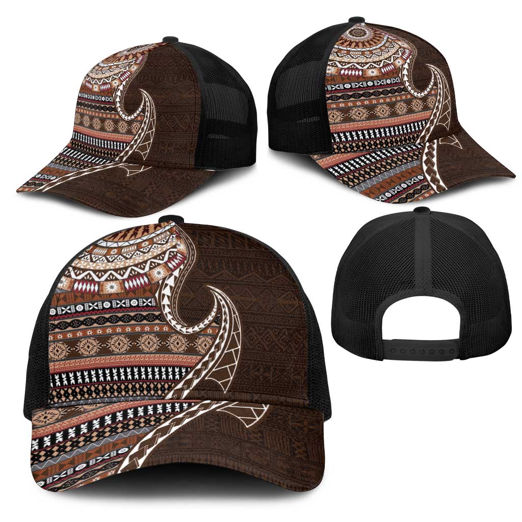 Fijian Masi Tribal Tattoos Art Pattern Mesh Trucker Cap Brown Color Half Style - Polynesian Pride