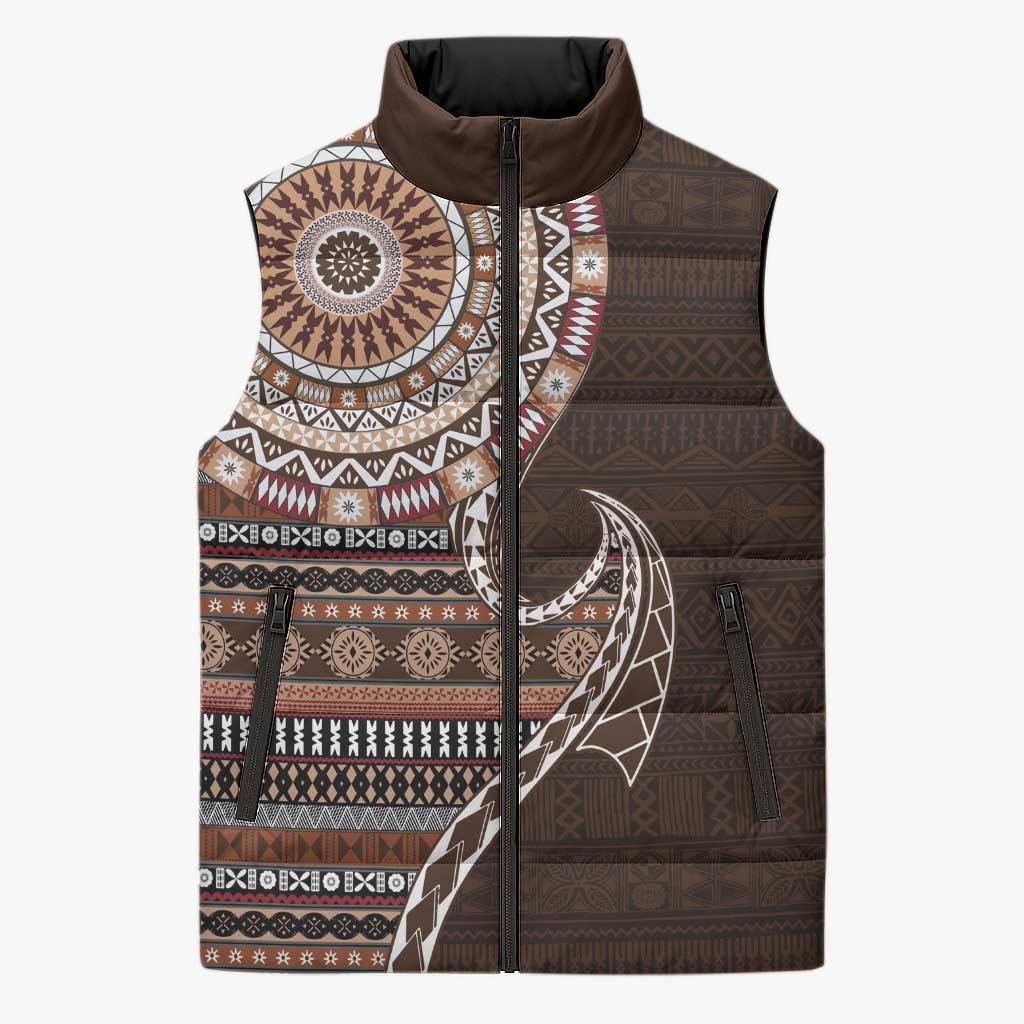 Fijian Masi Tribal Tattoos Art Pattern Sleeveless Puffer Jacket Brown Color Half Style LT03 Brown - Polynesian Pride