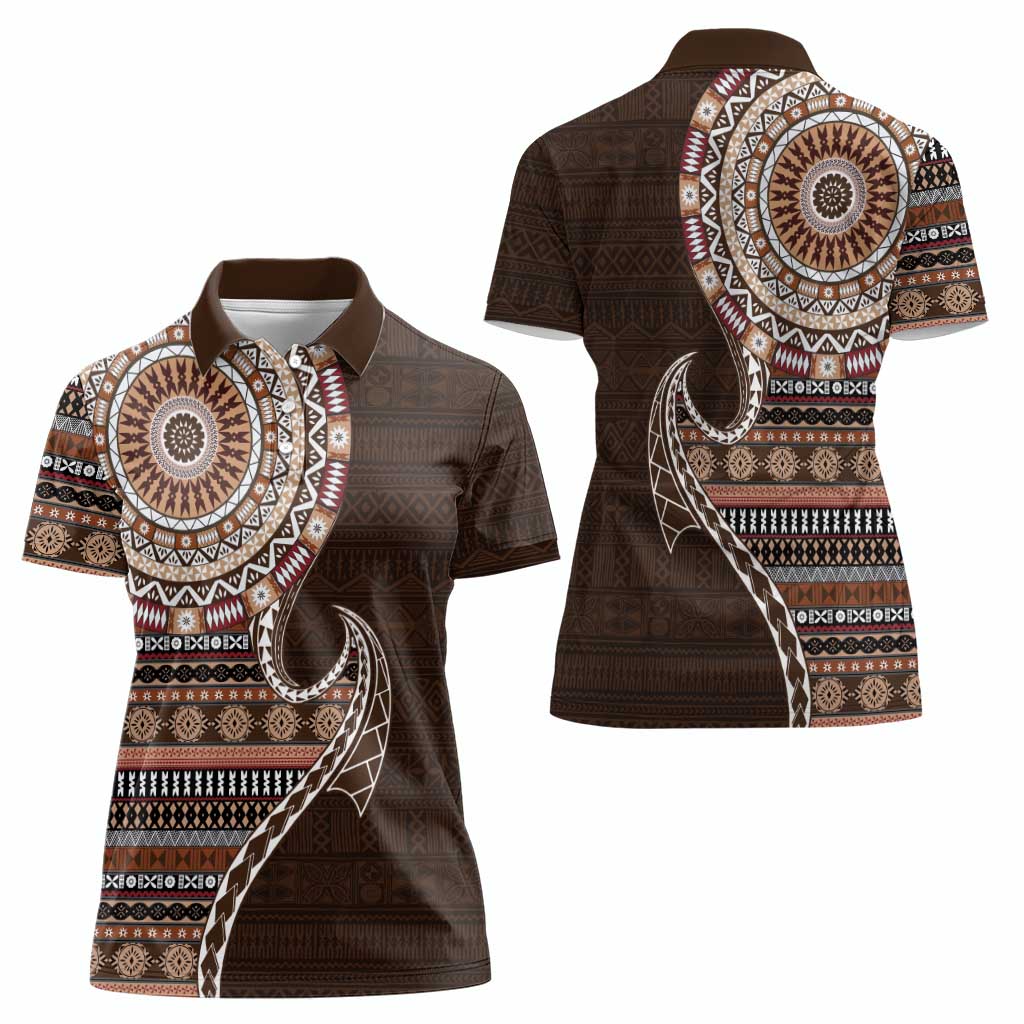 Fijian Masi Tribal Tattoos Art Pattern Women Polo Shirt Brown Color Half Style - Polynesian Pride