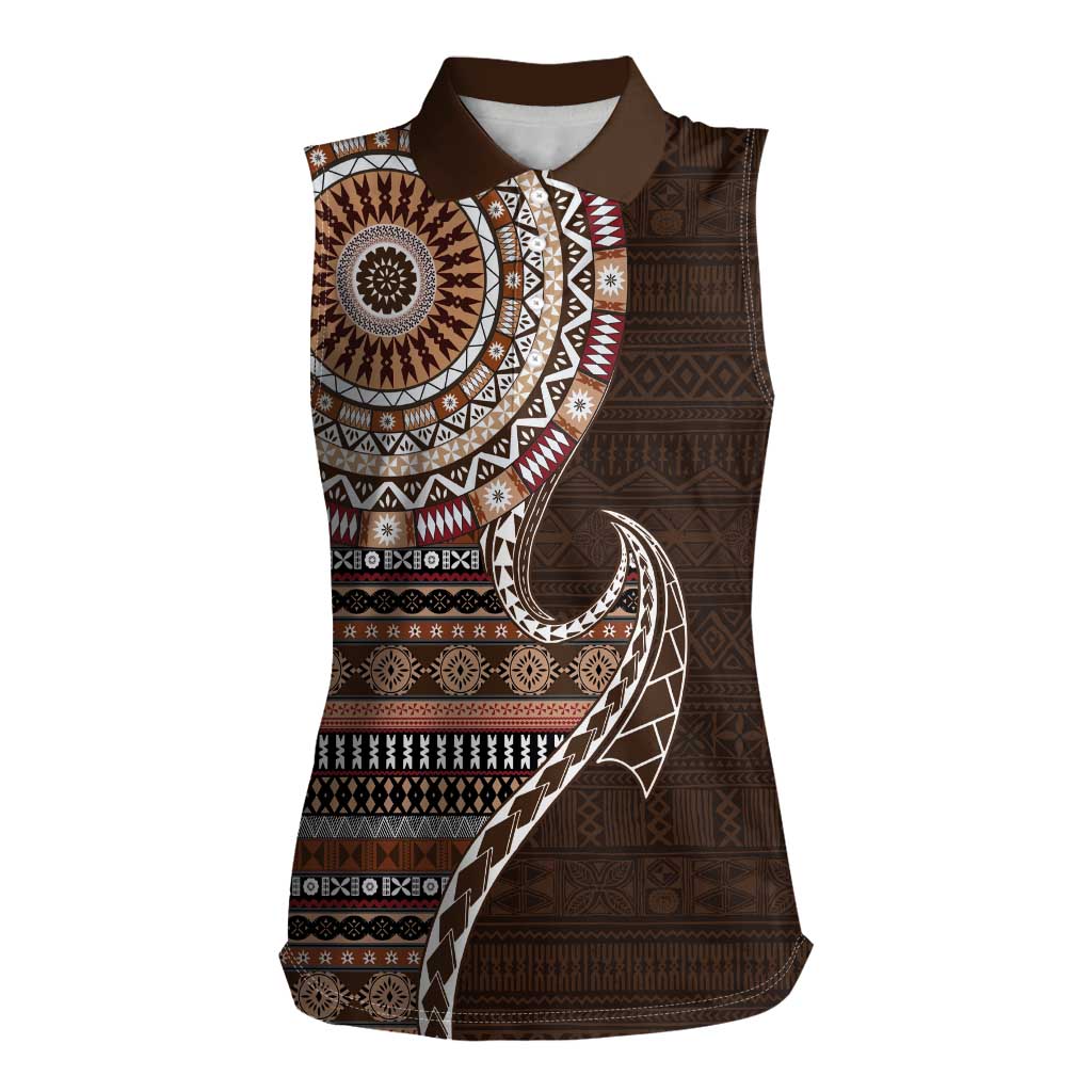 Fijian Masi Tribal Tattoos Art Pattern Women Sleeveless Polo Shirt Brown Color Half Style LT03 Female Brown - Polynesian Pride