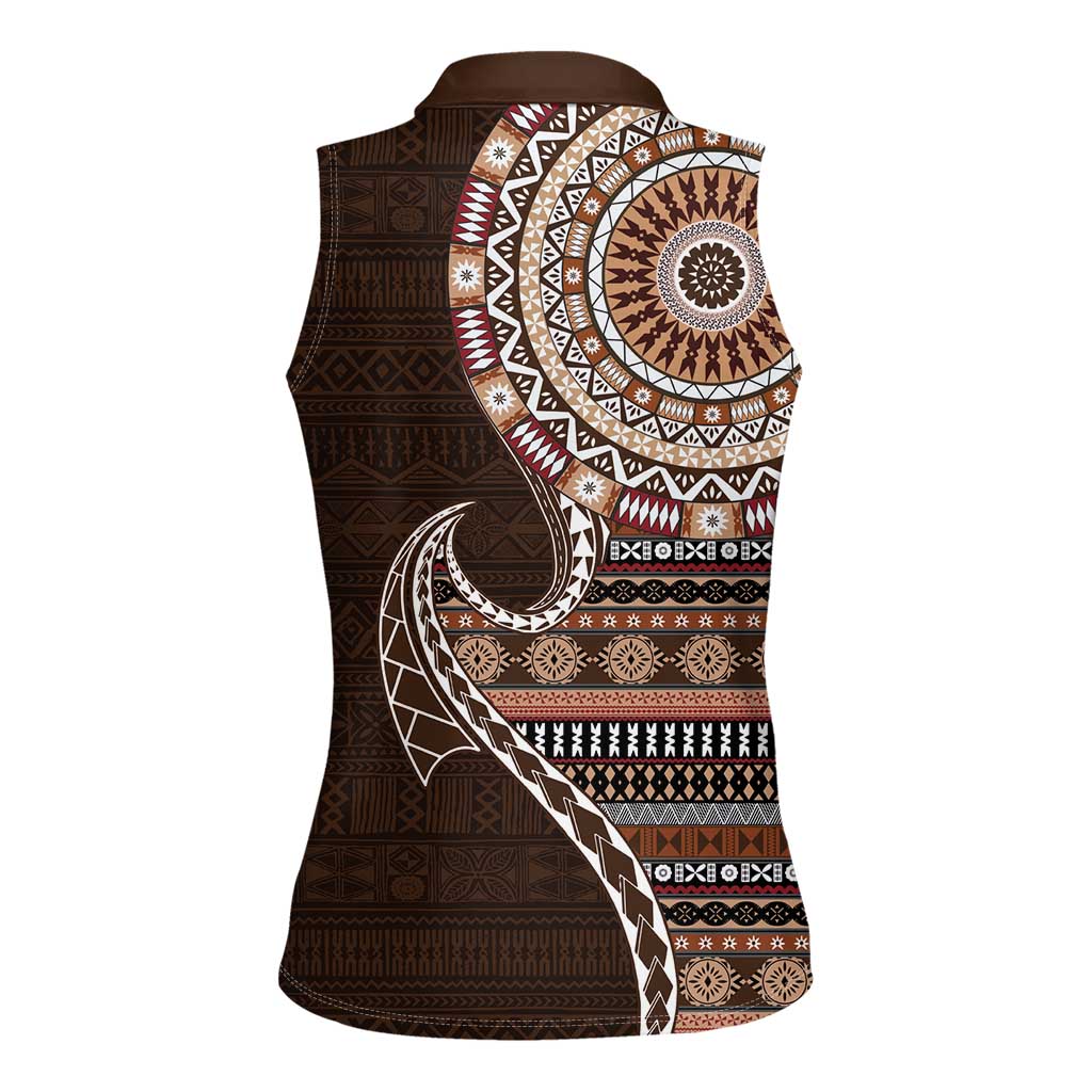 Fijian Masi Tribal Tattoos Art Pattern Women Sleeveless Polo Shirt Brown Color Half Style LT03 - Polynesian Pride