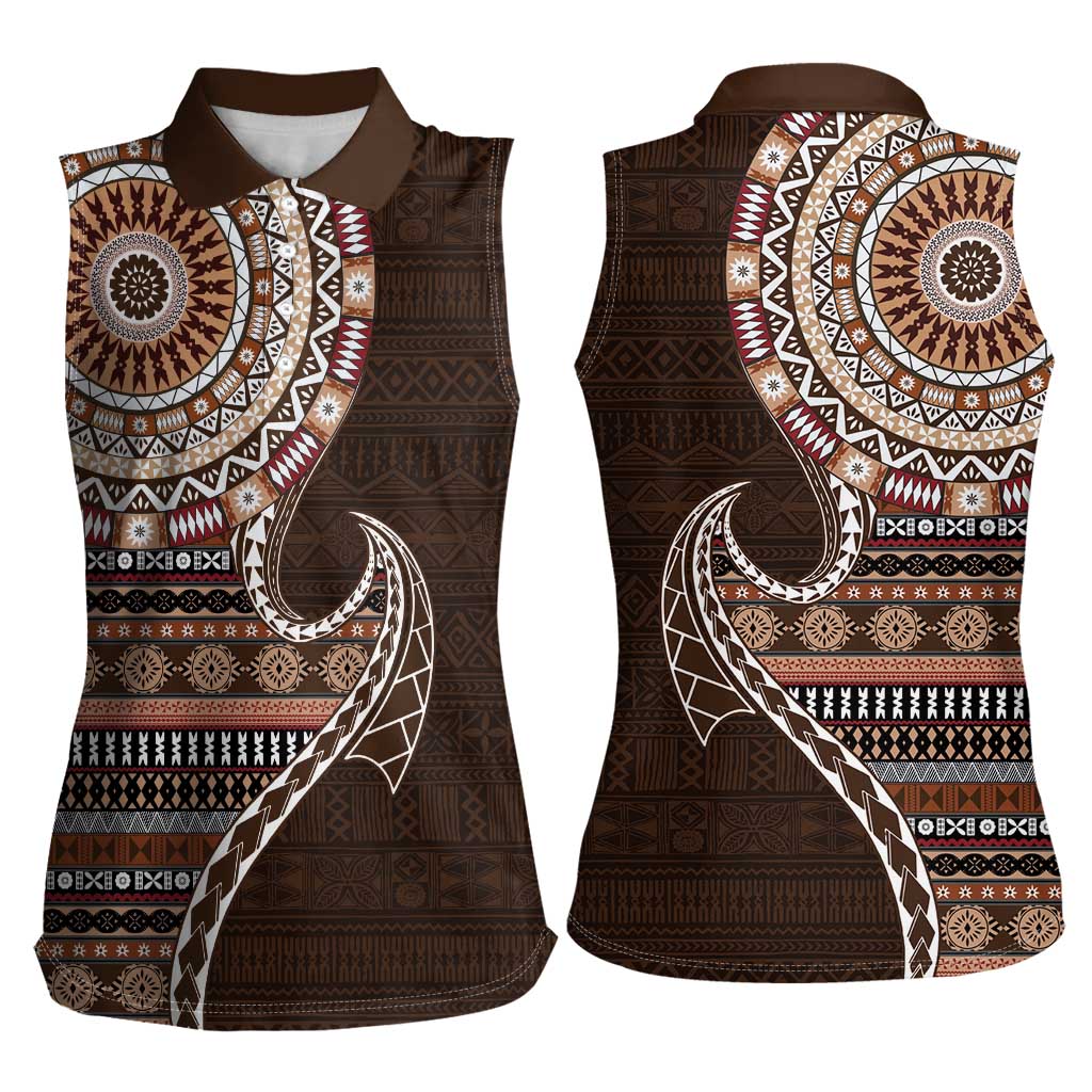 Fijian Masi Tribal Tattoos Art Pattern Women Sleeveless Polo Shirt Brown Color Half Style LT03 - Polynesian Pride