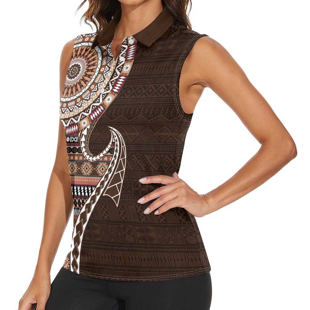 Fijian Masi Tribal Tattoos Art Pattern Women Sleeveless Polo Shirt Brown Color Half Style LT03 - Polynesian Pride