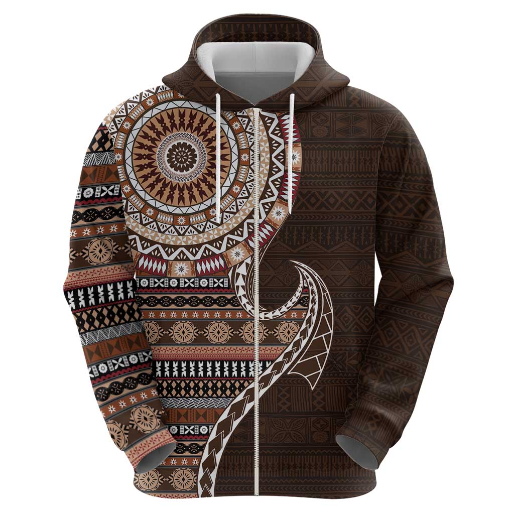 Fijian Masi Tribal Tattoos Art Pattern Zip Hoodie Brown Color Half Style LT03 - Polynesian Pride
