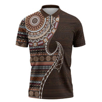 Fijian Masi Tribal Tattoos Art Pattern Zipper Polo Shirt Brown Color Half Style LT03 Brown - Polynesian Pride