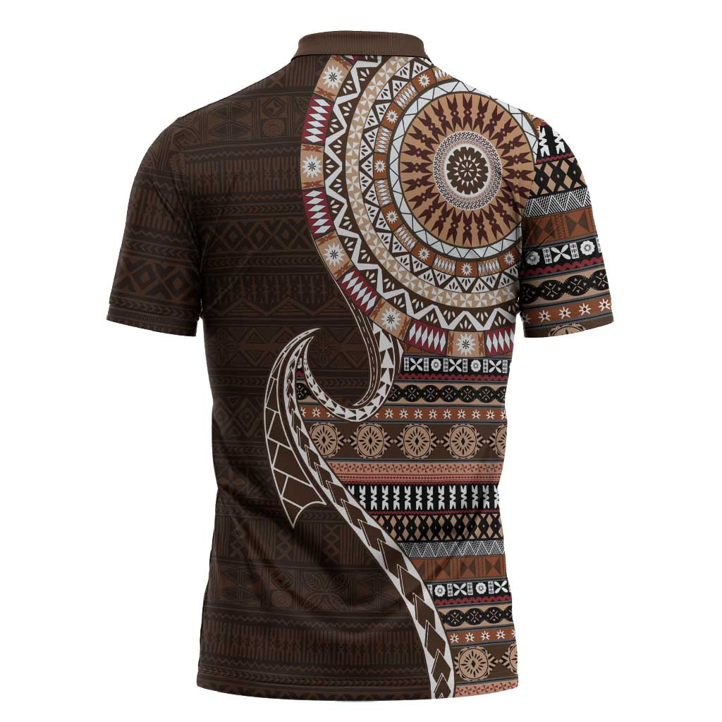 Fijian Masi Tribal Tattoos Art Pattern Zipper Polo Shirt Brown Color Half Style LT03 - Polynesian Pride