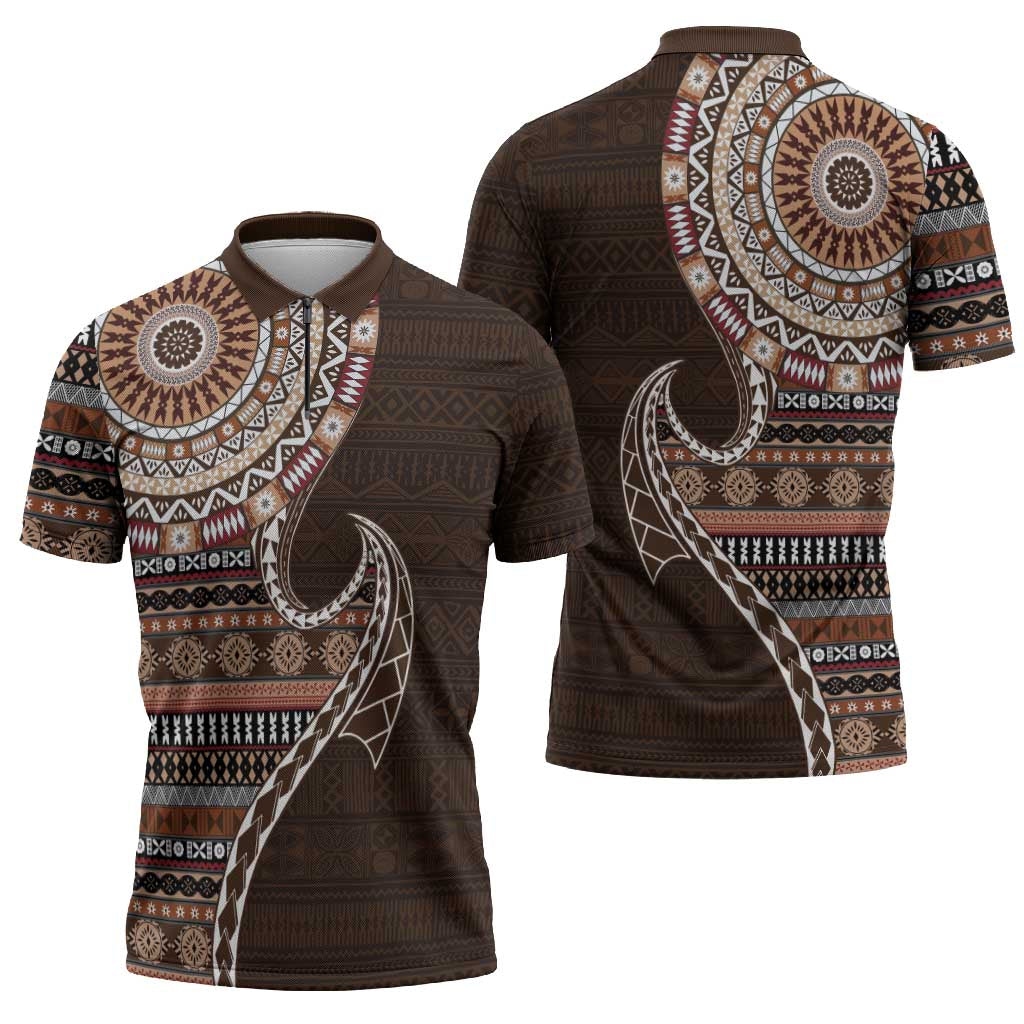 Fijian Masi Tribal Tattoos Art Pattern Zipper Polo Shirt Brown Color Half Style LT03 - Polynesian Pride