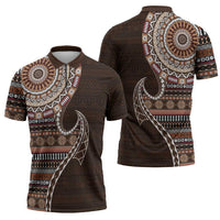 Fijian Masi Tribal Tattoos Art Pattern Zipper Polo Shirt Brown Color Half Style LT03 - Polynesian Pride