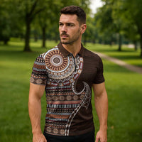 Fijian Masi Tribal Tattoos Art Pattern Zipper Polo Shirt Brown Color Half Style LT03 - Polynesian Pride