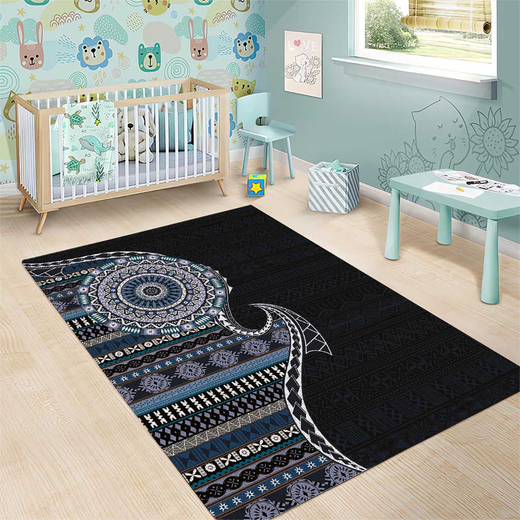 Fijian Masi Tribal Tattoos Art Pattern Area Rug Navy Color Half Style - Polynesian Pride