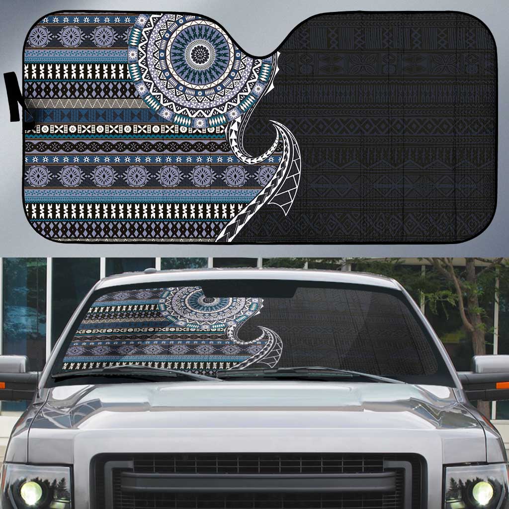 Fijian Masi Tribal Tattoos Art Pattern Auto Sun Shade Navy Color Half Style - Polynesian Pride