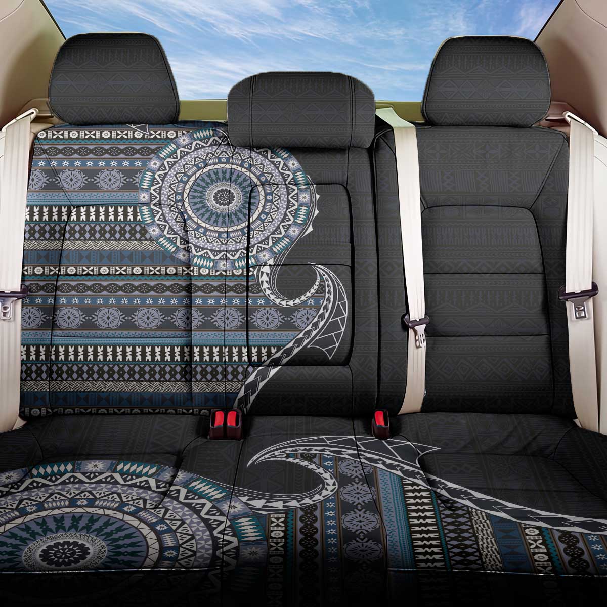 Fijian Masi Tribal Tattoos Art Pattern Back Car Seat Cover Navy Color Half Style - Polynesian Pride