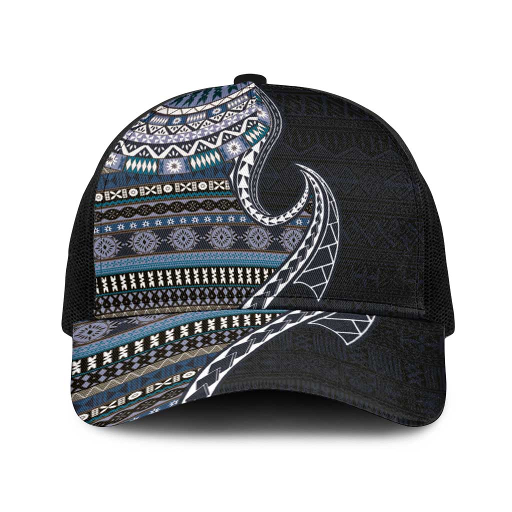 Fijian Masi Tribal Tattoos Art Pattern Baseball Net Cap Navy Color Half Style - Polynesian Pride