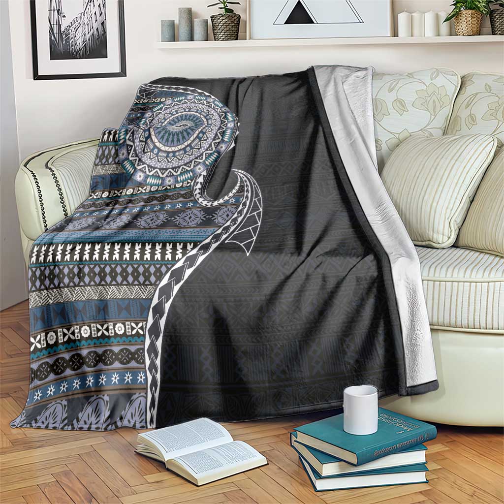 Fijian Masi Tribal Tattoos Art Pattern Blanket Navy Color Half Style - Polynesian Pride