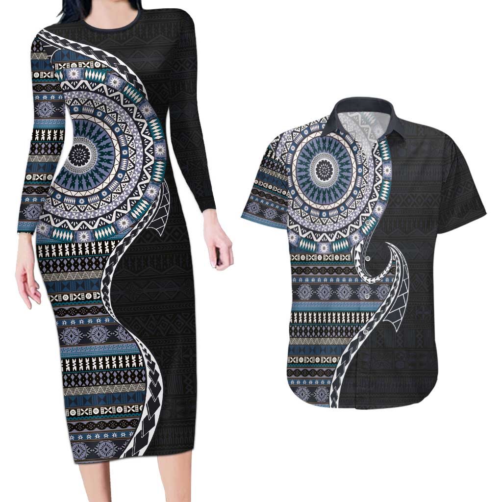 Fijian Masi Tribal Tattoos Art Pattern Couples Matching Long Sleeve Bodycon Dress and Hawaiian Shirt Navy Color Half Style LT03 Navy - Polynesian Pride