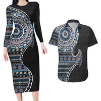 Fijian Masi Tribal Tattoos Art Pattern Couples Matching Long Sleeve Bodycon Dress and Hawaiian Shirt Navy Color Half Style LT03 Navy - Polynesian Pride
