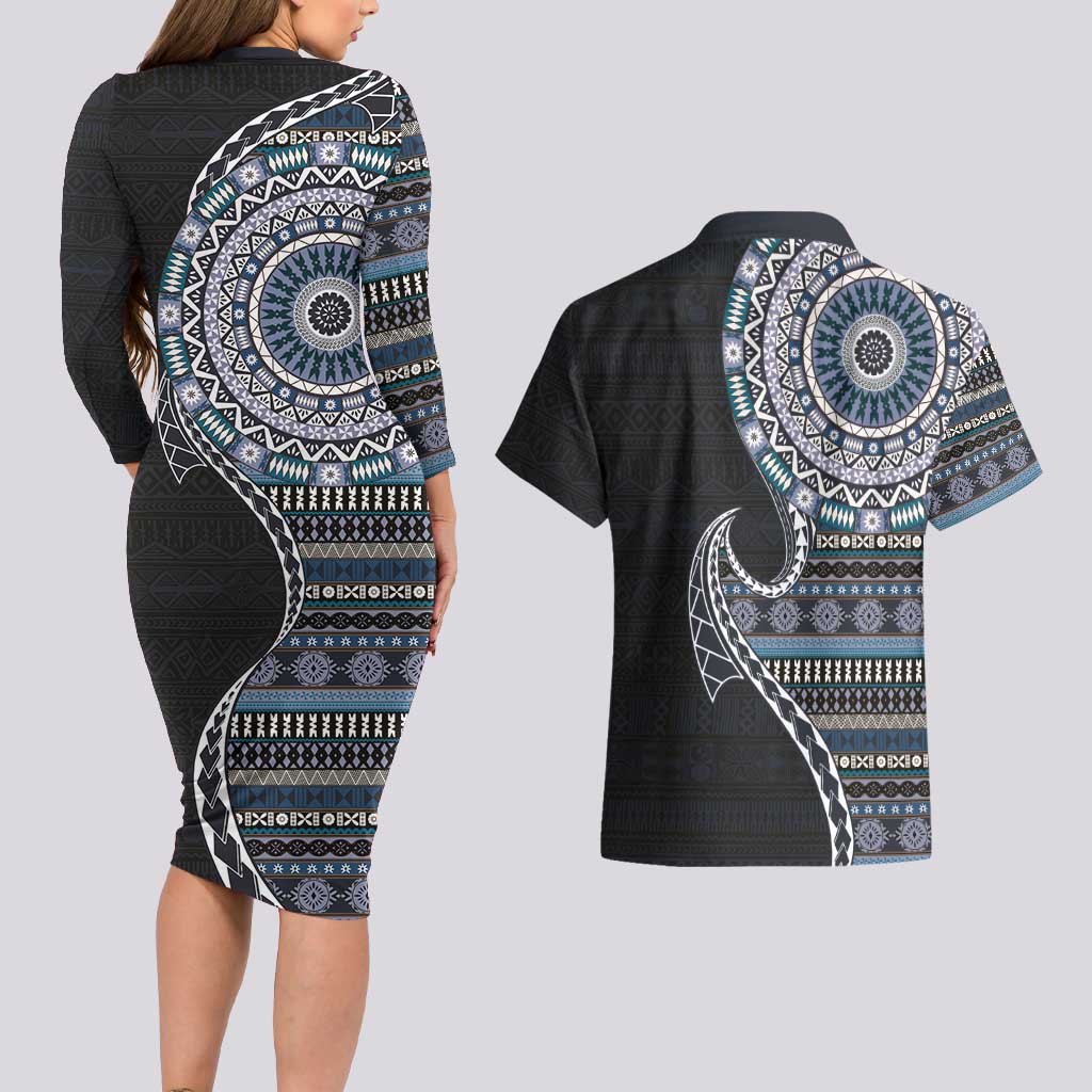 Fijian Masi Tribal Tattoos Art Pattern Couples Matching Long Sleeve Bodycon Dress and Hawaiian Shirt Navy Color Half Style LT03 - Polynesian Pride