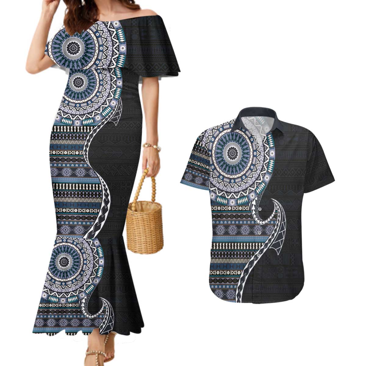 Fijian Masi Tribal Tattoos Art Pattern Couples Matching Mermaid Dress and Hawaiian Shirt Navy Color Half Style LT03 Navy - Polynesian Pride