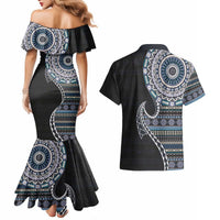 Fijian Masi Tribal Tattoos Art Pattern Couples Matching Mermaid Dress and Hawaiian Shirt Navy Color Half Style LT03 - Polynesian Pride