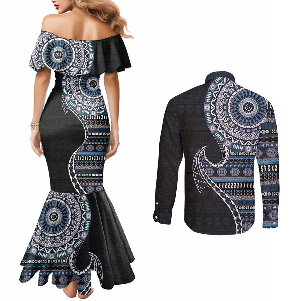 Fijian Masi Tribal Tattoos Art Pattern Couples Matching Mermaid Dress and Long Sleeve Button Shirt Navy Color Half Style LT03 - Polynesian Pride