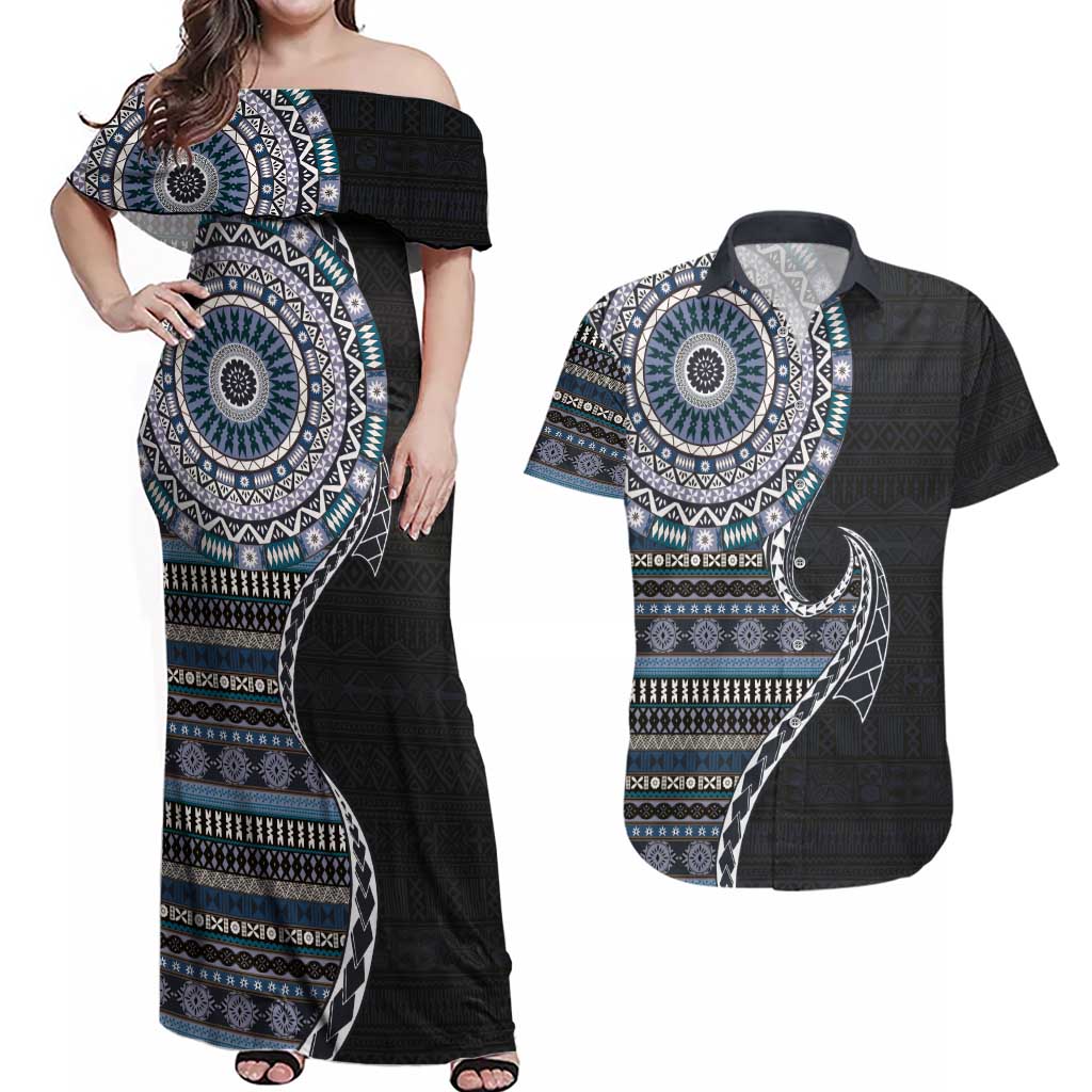 Fijian Masi Tribal Tattoos Art Pattern Couples Matching Off Shoulder Maxi Dress and Hawaiian Shirt Navy Color Half Style LT03 Navy - Polynesian Pride