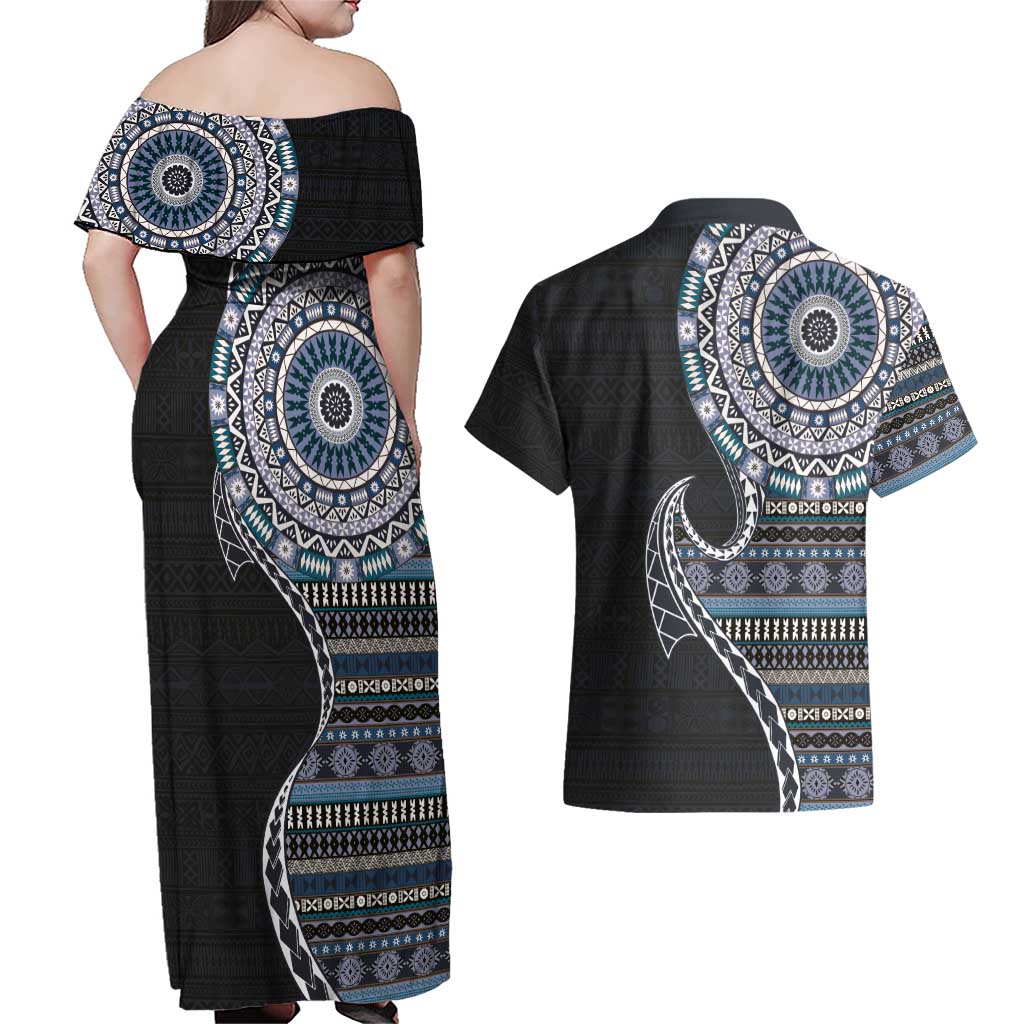 Fijian Masi Tribal Tattoos Art Pattern Couples Matching Off Shoulder Maxi Dress and Hawaiian Shirt Navy Color Half Style LT03 - Polynesian Pride