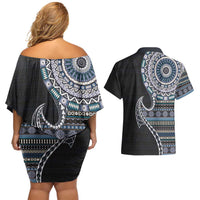 Fijian Masi Tribal Tattoos Art Pattern Couples Matching Off Shoulder Short Dress and Hawaiian Shirt Navy Color Half Style LT03 - Polynesian Pride