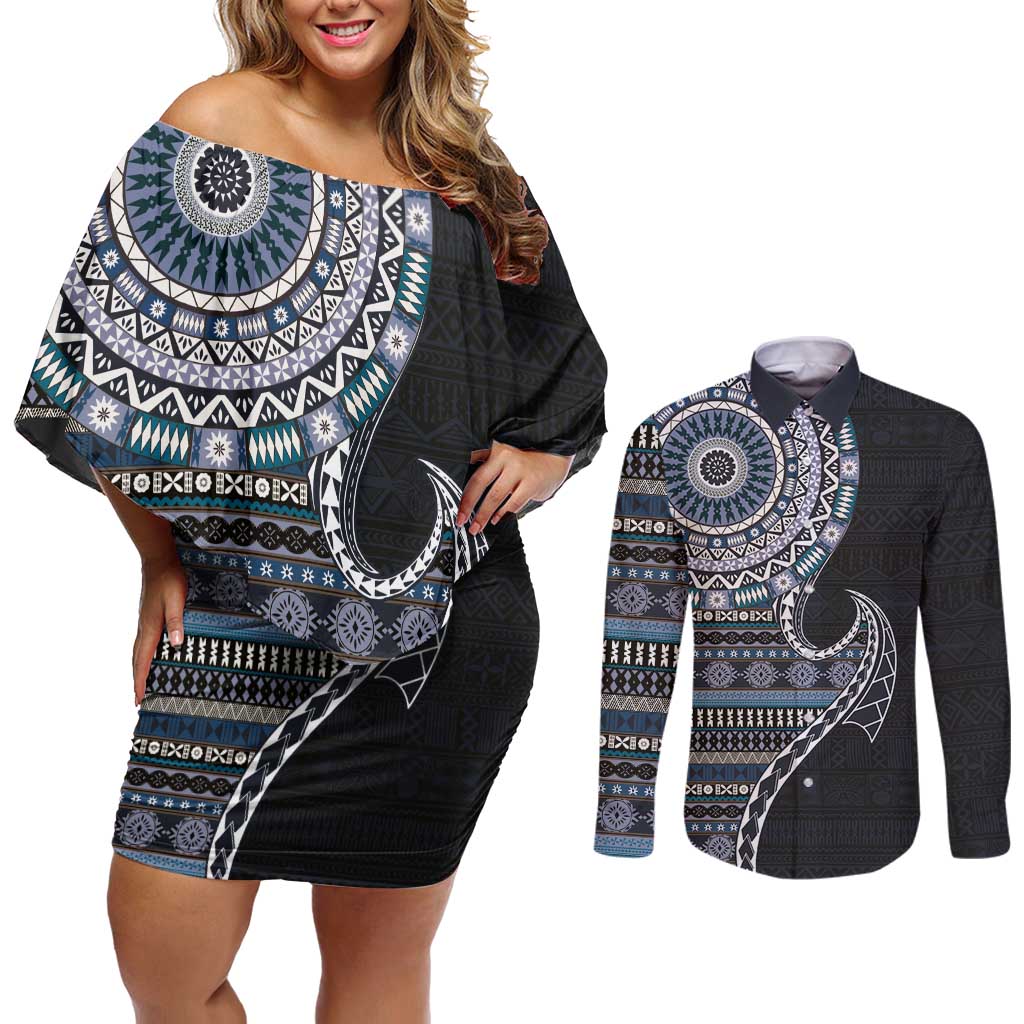 Fijian Masi Tribal Tattoos Art Pattern Couples Matching Off Shoulder Short Dress and Long Sleeve Button Shirt Navy Color Half Style LT03 Navy - Polynesian Pride