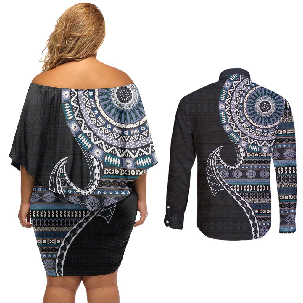 Fijian Masi Tribal Tattoos Art Pattern Couples Matching Off Shoulder Short Dress and Long Sleeve Button Shirt Navy Color Half Style LT03 - Polynesian Pride