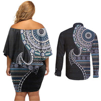 Fijian Masi Tribal Tattoos Art Pattern Couples Matching Off Shoulder Short Dress and Long Sleeve Button Shirt Navy Color Half Style LT03 - Polynesian Pride