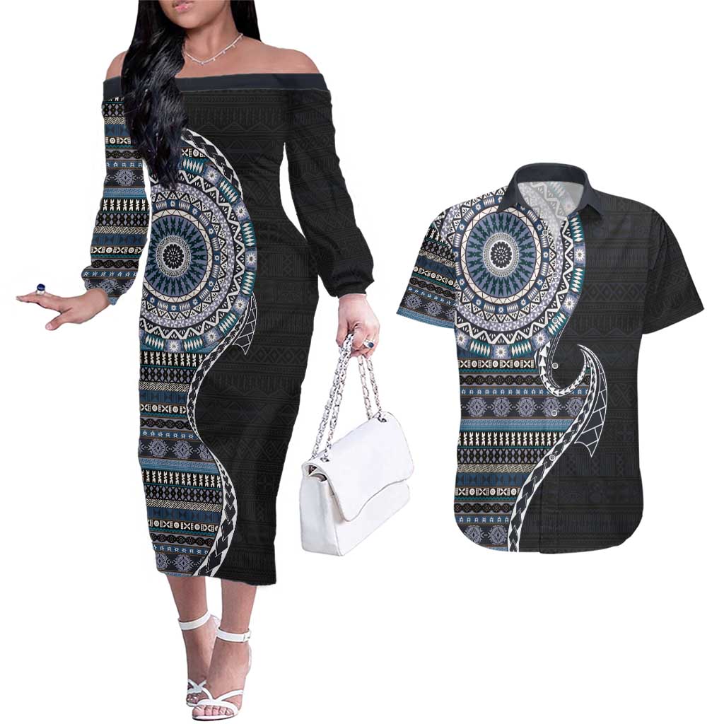 Fijian Masi Tribal Tattoos Art Pattern Couples Matching Off The Shoulder Long Sleeve Dress and Hawaiian Shirt Navy Color Half Style LT03 Navy - Polynesian Pride
