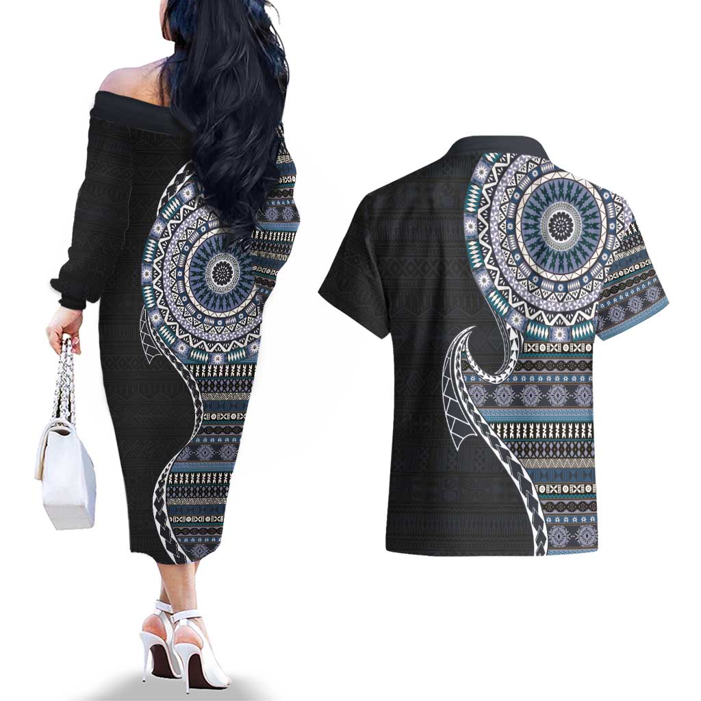 Fijian Masi Tribal Tattoos Art Pattern Couples Matching Off The Shoulder Long Sleeve Dress and Hawaiian Shirt Navy Color Half Style LT03 - Polynesian Pride