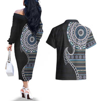 Fijian Masi Tribal Tattoos Art Pattern Couples Matching Off The Shoulder Long Sleeve Dress and Hawaiian Shirt Navy Color Half Style LT03 - Polynesian Pride