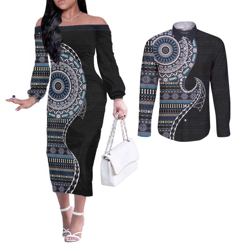 Fijian Masi Tribal Tattoos Art Pattern Couples Matching Off The Shoulder Long Sleeve Dress and Long Sleeve Button Shirt Navy Color Half Style LT03 Navy - Polynesian Pride
